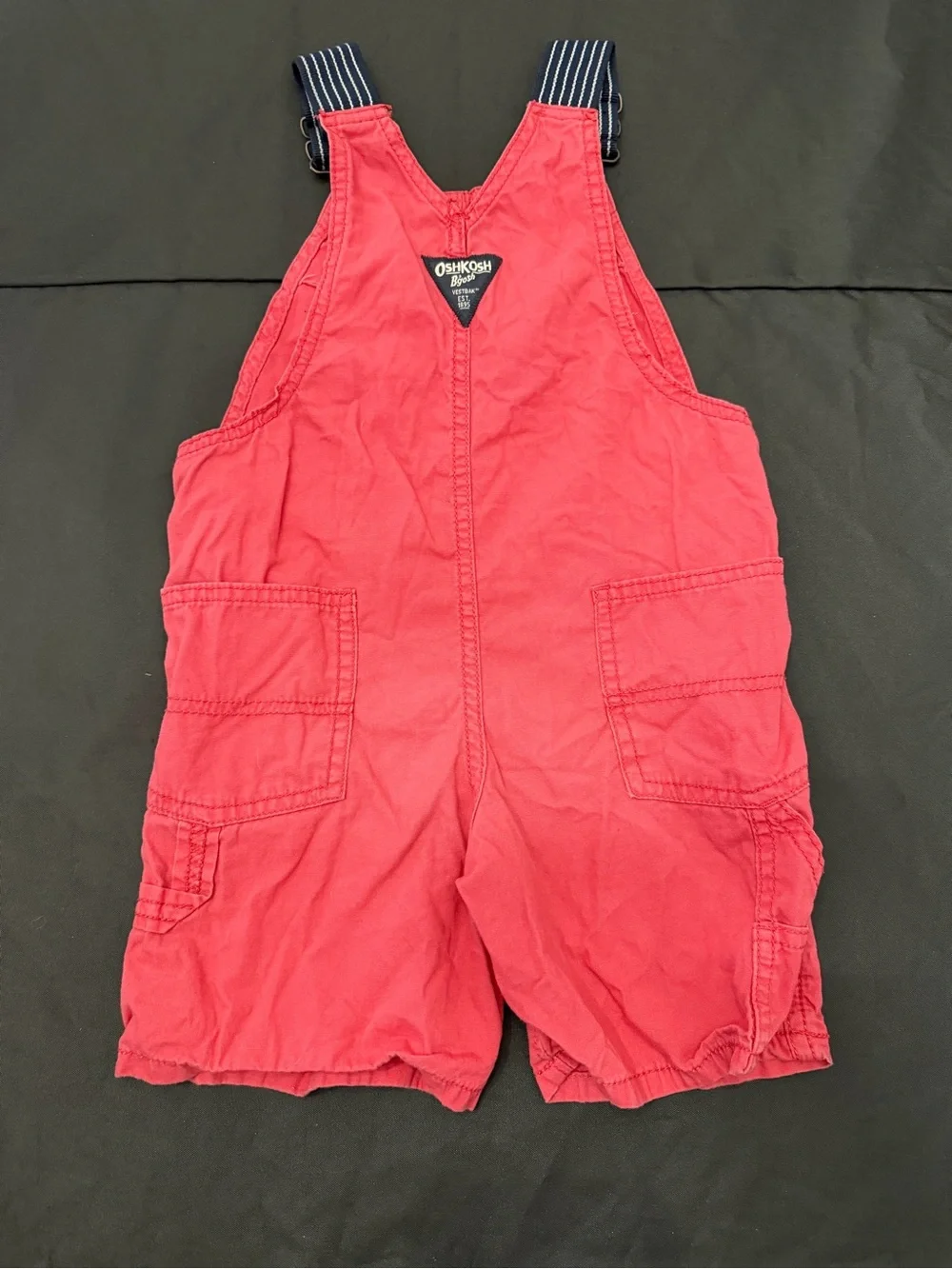 OshKosh B'gosh Coral Red Shortalls with Striped Navy Straps